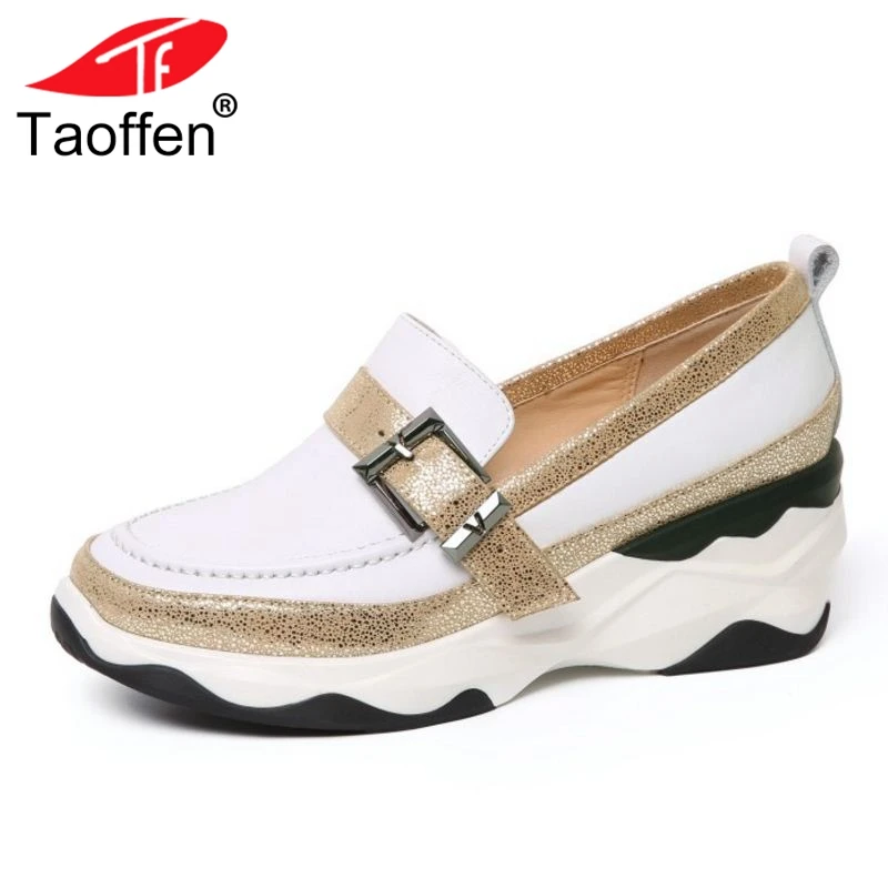 

TAOFFEN Daily Women Real Genuine Leather Wedges Sneakers Woman Buckle Shine Round Toe Wedges Shoes Women Chic Pumps Size 34-39