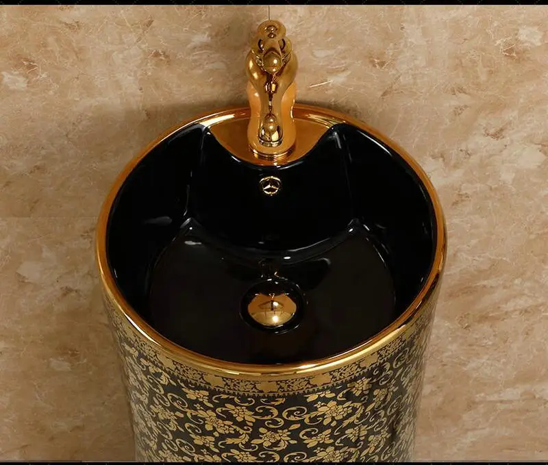 Мозаика Золотая черная круглая подставка Керамическая Раковина Ванная раковина с подставка Подиум умывальник