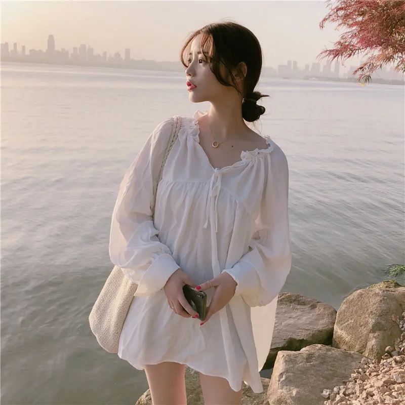 Neploe размера плюс белая блузка длинные рубашки Корейский фонарь с длинным рукавом Осень Женские топы и блузки плиссированные Блузы с оборками