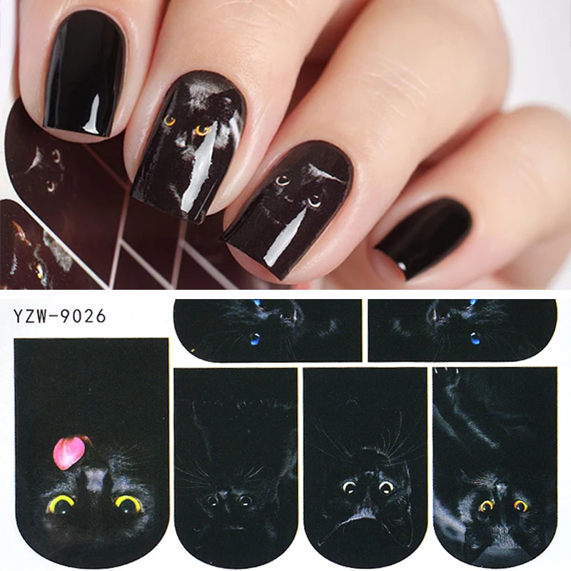 YWK 1 Лист наклейки для дизайна ногтей животный узор 3D таинственный черный кот дизайн водяные переводные наклейки DIY украшения Аксессуары