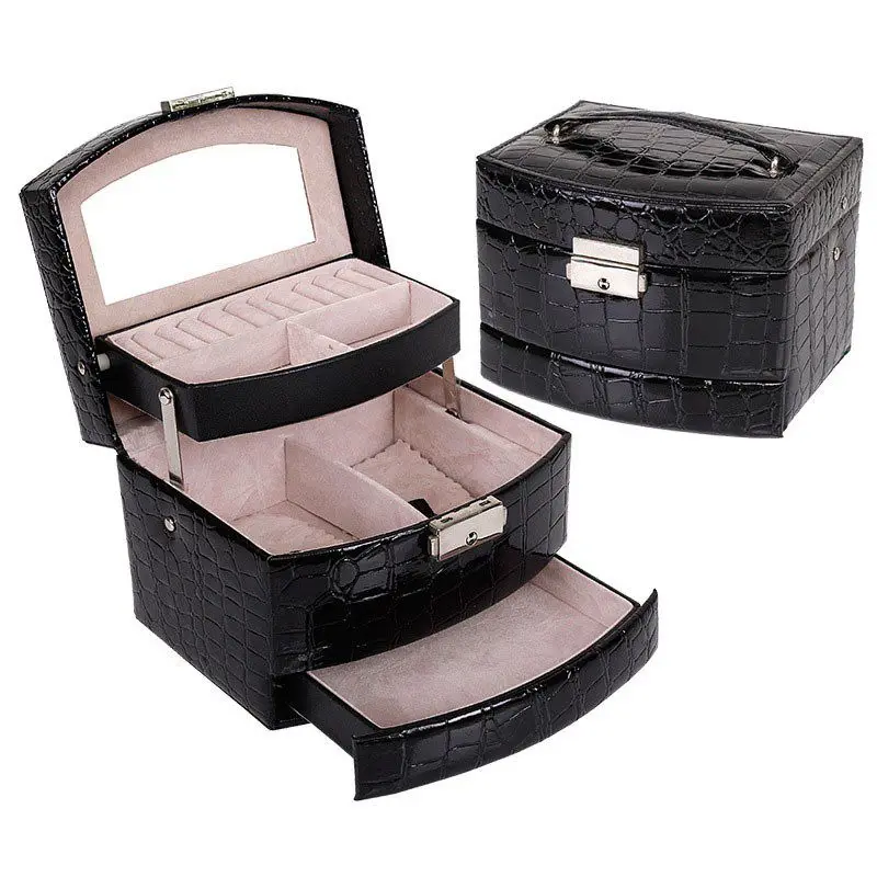 TOP!-Automatic Leather Jewelry Box Three-layer Storage Box For Women Earring Ring Cosmetic Organizer Casket For Decorations