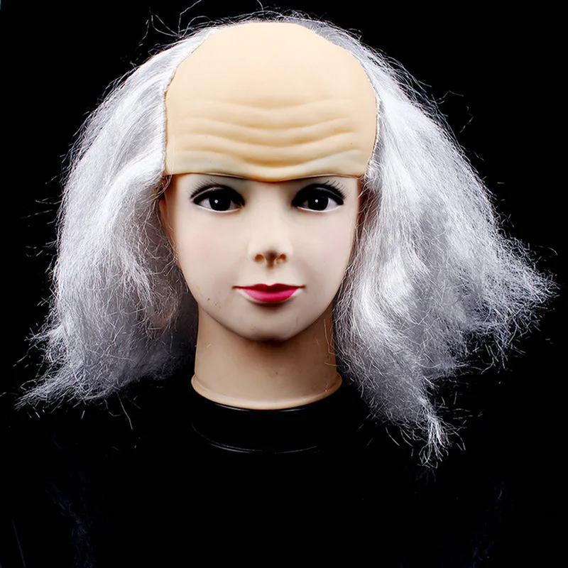 Funny Bald Wig Old Lady Wigs Halloween Party Cosplay Prop Black Grayish