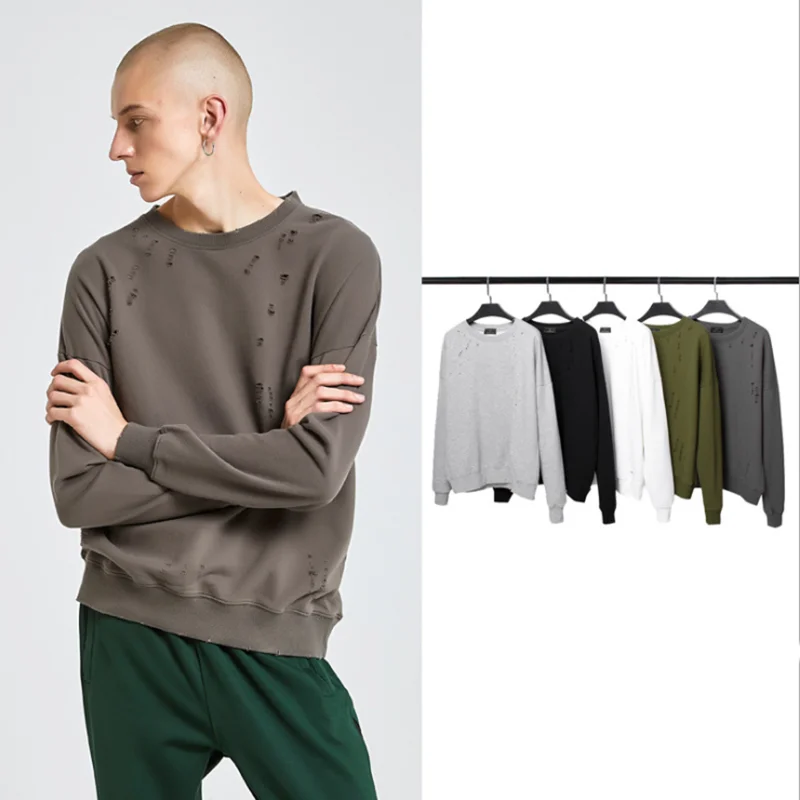 

Oversized Wash Hole Ripped Sweatshirt Men's Fashionable Solid Color Round Neck Long Sleeve Pullover Sweatshirts Man Women 2019