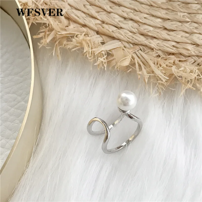 

WFSVER 925 sterling silver ring for women korea style double layer line with pearl opening adjustable rings fine jewelry gift