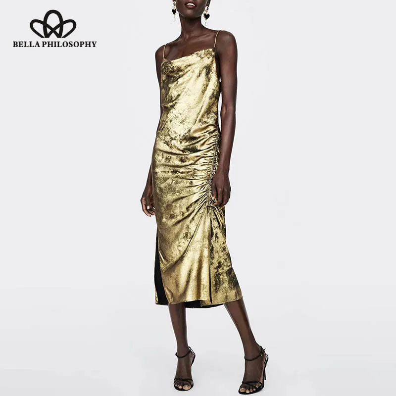 Wonder 2018 new Sexy Spaghetti Strap Maxi Long Dress Vintage Female Elastic Lace-Up Velvet Dress Casual Lady Draped Sheath Dress