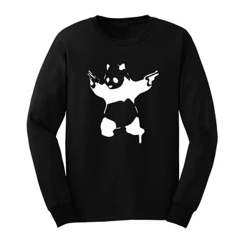 

Loo Show Mens Banksy Stencil Grafitti Panda with Gun Long Sleeve T-Shirts Casual Men Tee