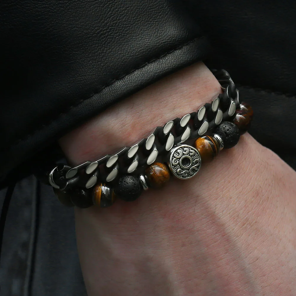 Unique Natural Tiger Eye Stone Men's Beaded Bracelet Stainless Steel