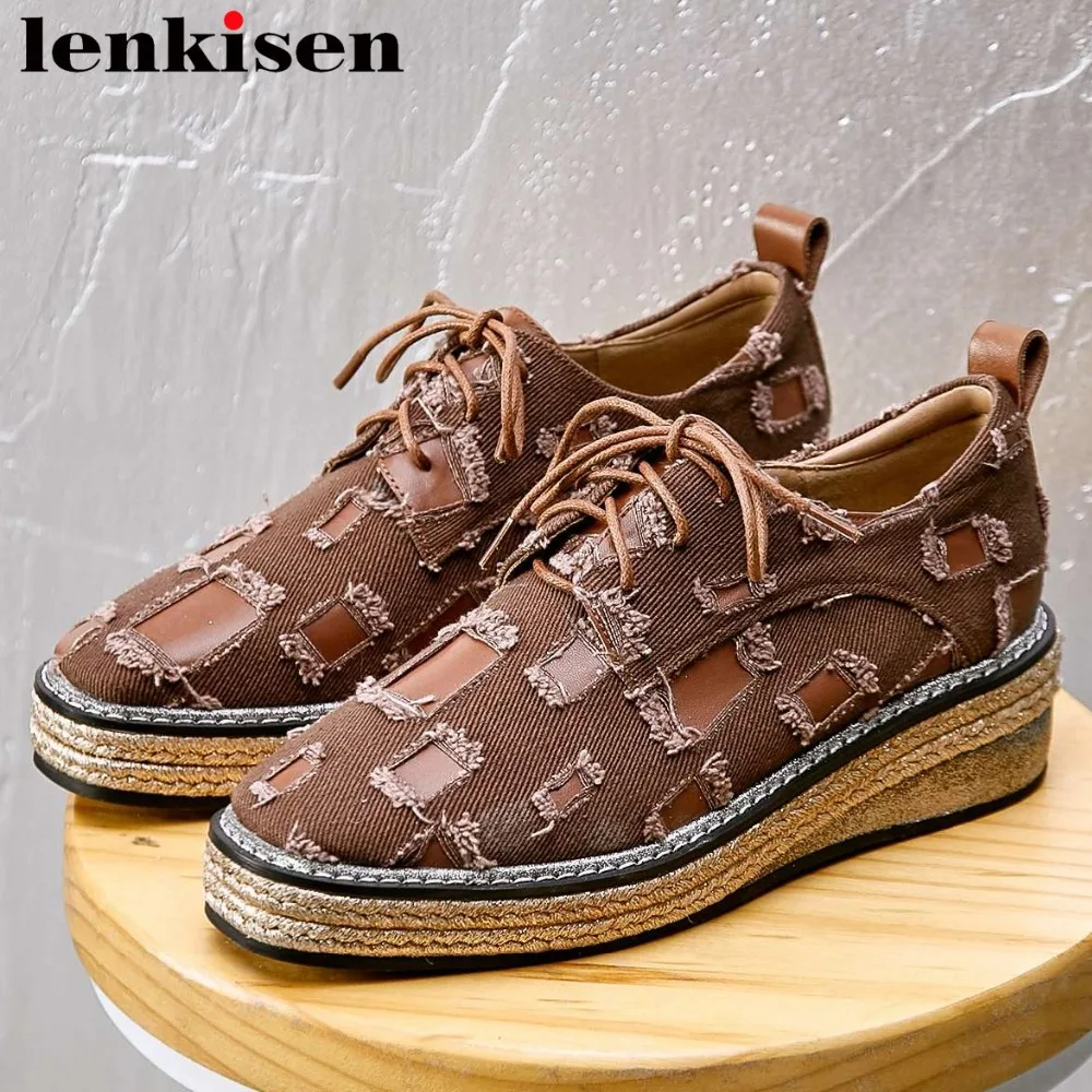

2019 new arrival popular denim cow leather patchwork wedges med bottom platform Punk style square toe cowboy campus shoes L10