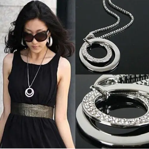 Long Chain Women Fashion Crystal Rhinestone Chunky Silver Plated Double Circle Pendant Necklace