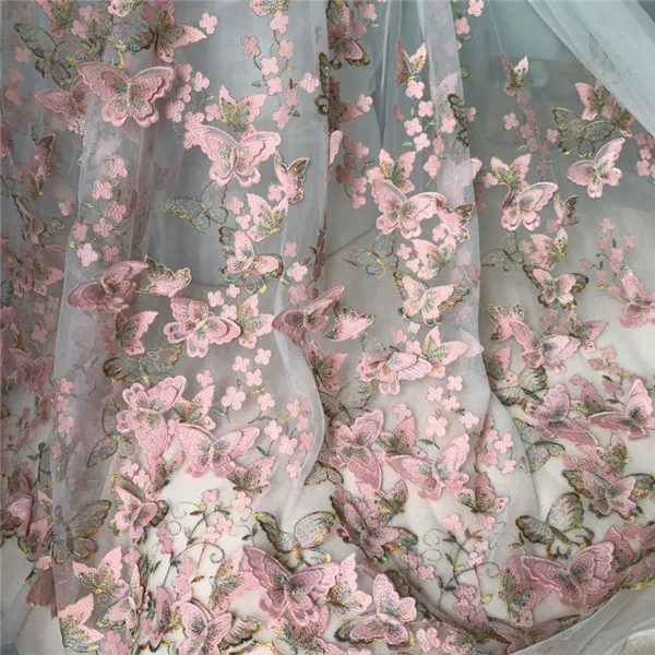 Элегантная 3D кружевная бабочка из ткани в розовой и золотой нитью вышитое свадебное платье свадебная ткань из тюля для платья - Цвет: pink