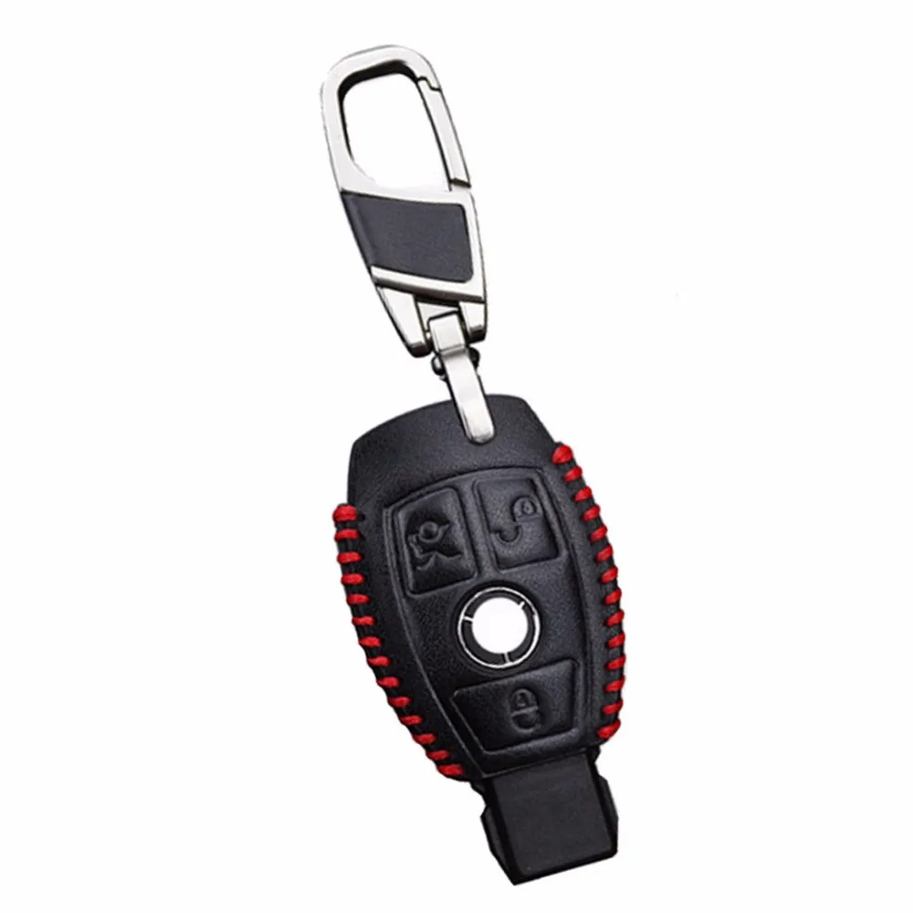 

1Pc Leather Car Key case key chain for Mercedes Benz Car 3 Buttons Red thread