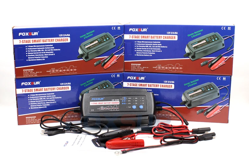 FOXSUR 12V 2A 4A 8A 7-stage smart Battery Charger, GEL WET AGM Battery type & Charge current selectable, Car battery charger FOXSUR 12V 2A 4A 8A 7-stage smart Battery Charger, GEL WET AGM Battery type & Charge current selectable, Car battery charger
