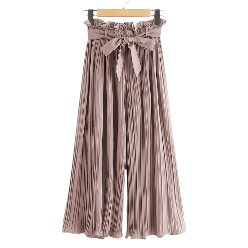 Dotfashion, розовые плиссированные брюки с оборками на талии, с поясом, женские,, повседневные брюки в Корейском стиле, весенние, Boho, широкие, с высокой талией, брюки