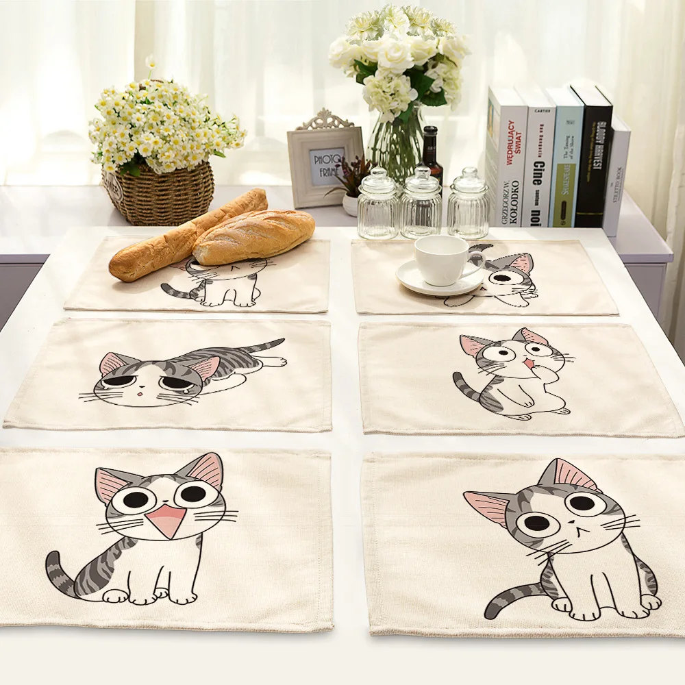 Хлопковый льняной коврик для стола милый кот мультяшный животный узор подстилки для детской кухни обеденные коврики