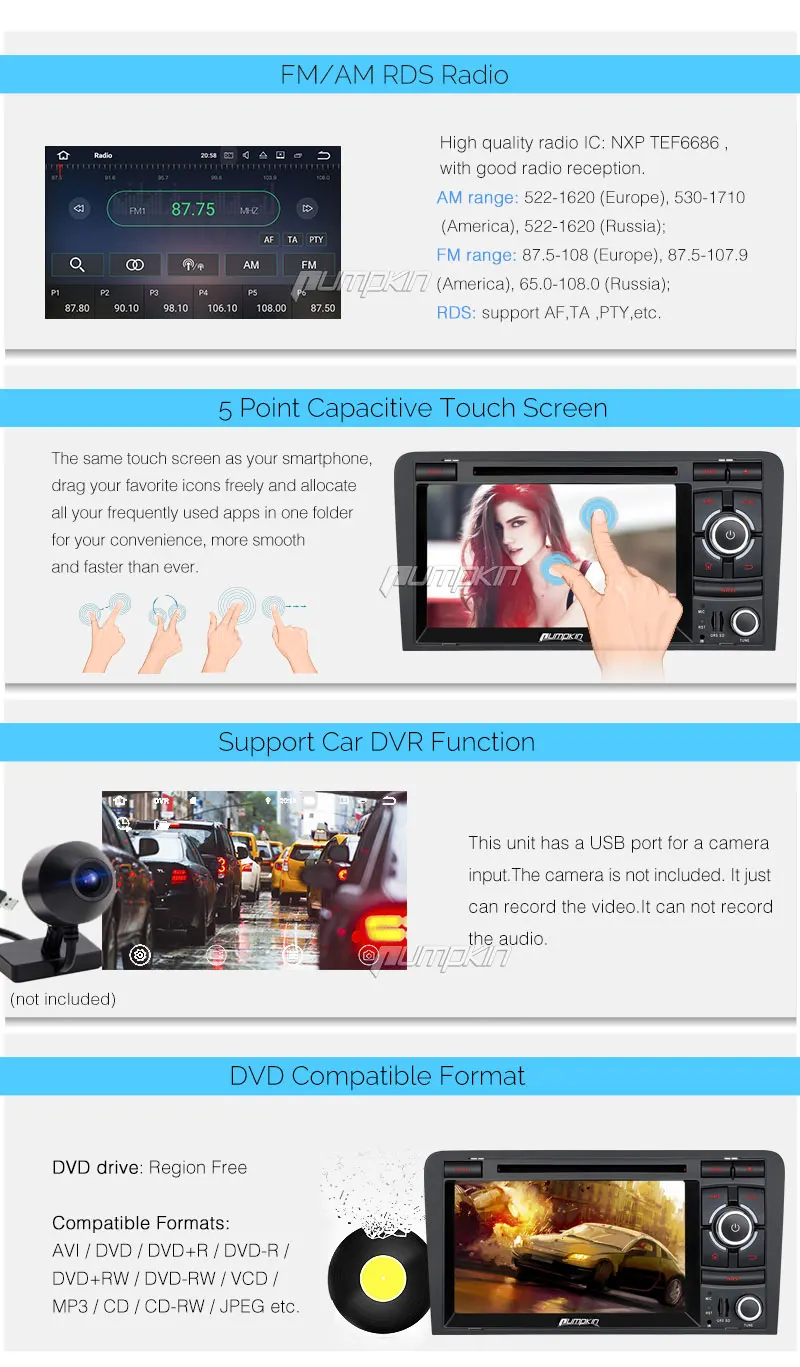 Top Pumpkin 2 Din7" Android 7.1 Car Multimedia DVD Player For Audi A3 2003-2011 GPS Navigation Car Stereo Wifi FM Rds Radio Headunit 21