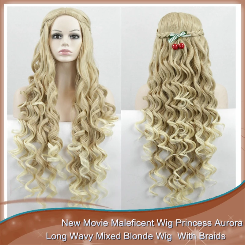 New Movie Maleficent Wig Princess Aurora Long Wavy Mixed Blonde Wig with braid Cosplay Anime wig
