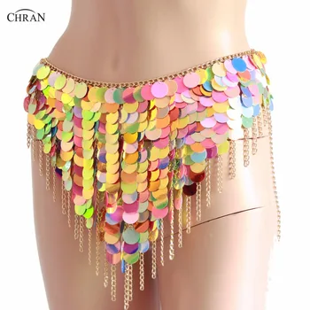 

Chran Women Tassel Sequins Mini Skirt Harness Necklace Club Party Bodycon Vintage Ladies Dress Seascale Chain Belly Waist Belt