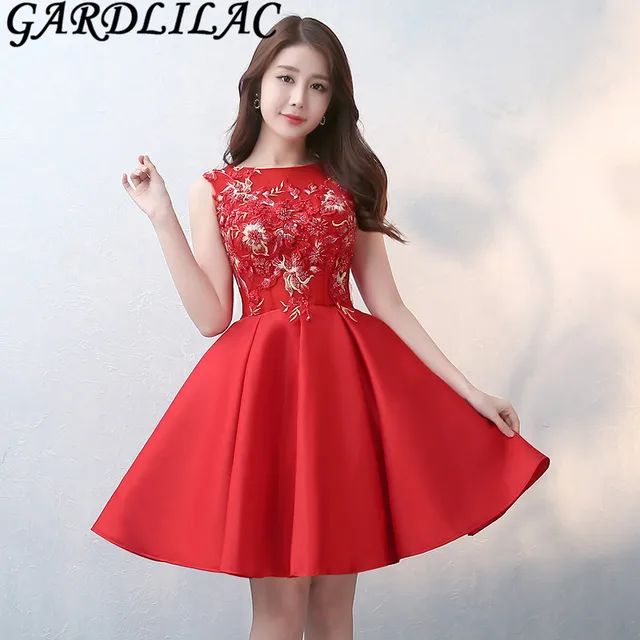 Gardlilac Stain Embroidery Short Bridesmaid Dress Knee Length Gardlilac Stain Embroidery Short Bridesmaid Dress Knee Length Sleeveless Red Wedding Party Real