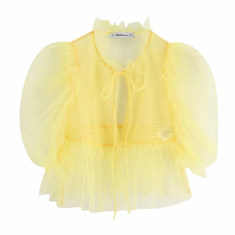 

Yellow Transparent Mesh Cloth Smock Puff Sleeve Women Shirt Leisure Lady O Neck Blouse 2019 Autumn Female Small Tops S6037
