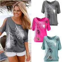 Slit Sleeve Cold Shoulder Feather Print Women Top Casual Summer T Shirt Girl 2019 Tee Tshirt Loose Top T-Shirt new *new* banana leaf print cold shoulder top