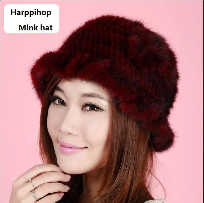 

2017 New Hand Made Queen Style 100% Real Mink Fur Knitted Hat Women's Winter Fur Hat and Cap Free Shipping