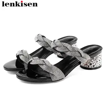 

Lenkisen brilliant crystals decoration slip on mules peep square toe round toe med heels office lady dress party sandals L06