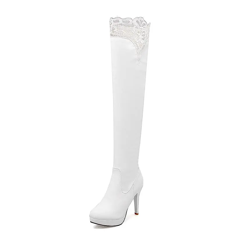 

elegant lace rim long boots fashion high-heeled waterproof thigh high boots side zipper round toe knight botas femining dxj1089