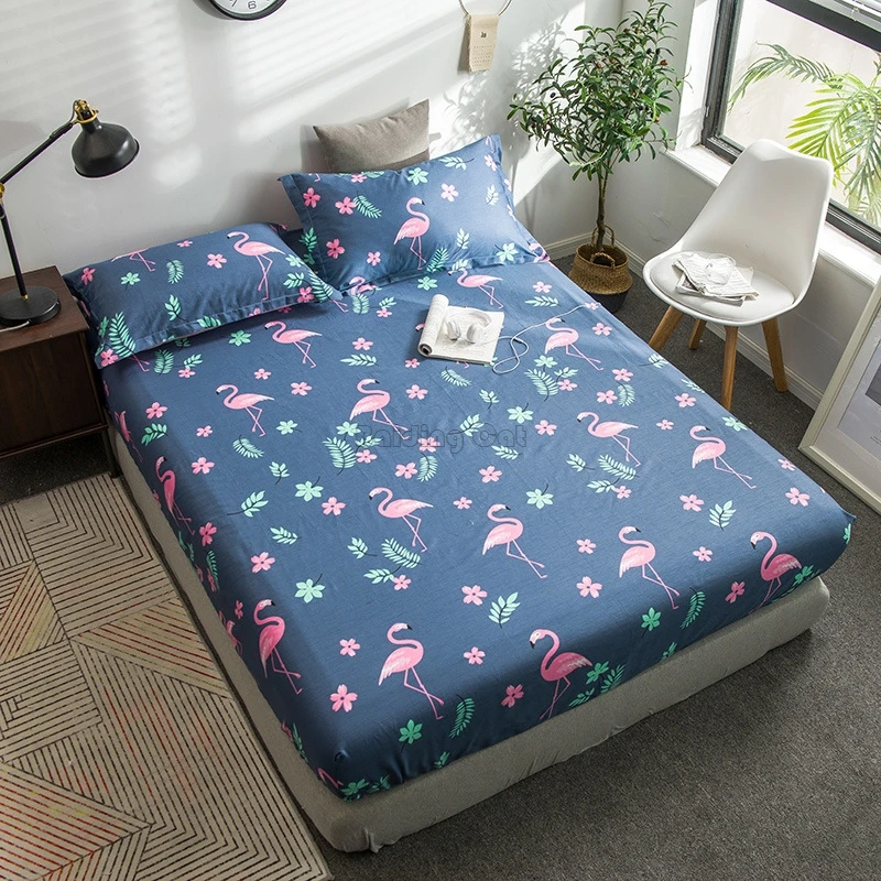 

2019 Spring Blue Flamingo Printed Bed Sheet 100% Cotton Fitted Sheet with Round Rubber Band 120*200cm,150*200cm,180*200cm Size