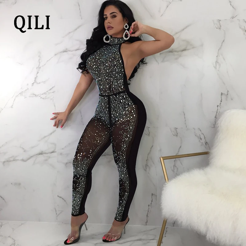 QILI Women Diamond Rhinestone Mesh Jumpsuits Tee Through Halter Sleeveless Backless Sexy Jumpsuit Nightclub Bodycon Jumpsuits