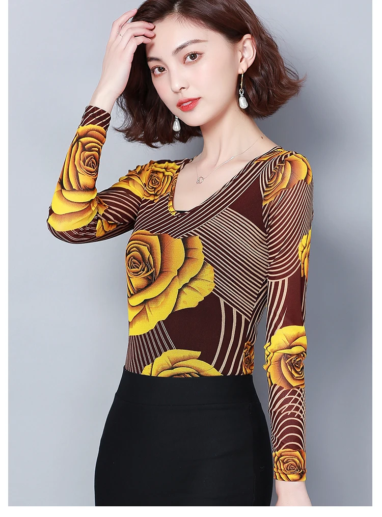 Элегантные женские блузки с цветочным принтом эластичные тонкие прозрачные топы корейская модная одежда винтажная Цветочная блузка женская сетчатая рубашка