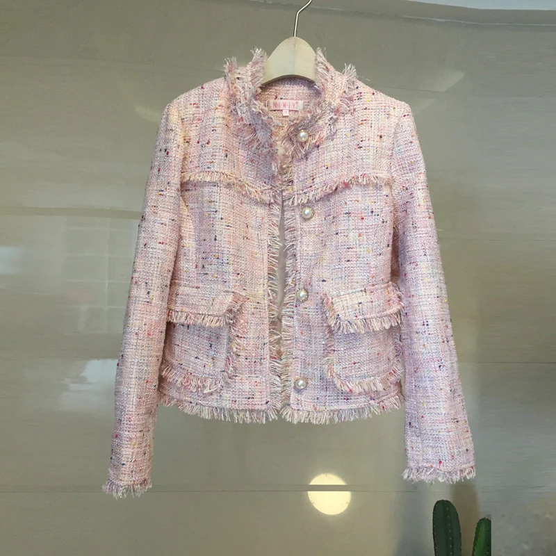 

European celebrities fei minus age small fragrant pink tweed coat pearl clasp wind tassel jacket in the spring of 2019