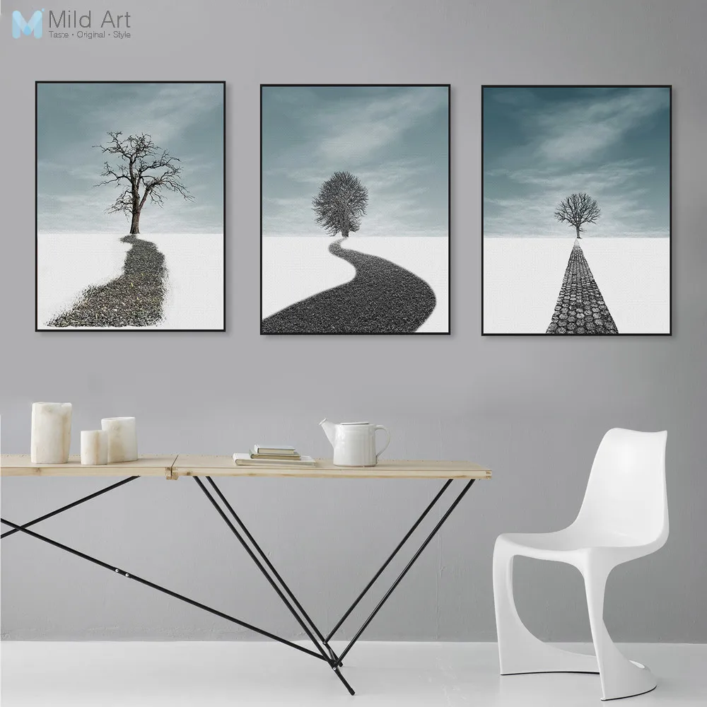 

Modern Abstract Landscape Tree Road Big Canvas Art Print Poster Wall Picture Painting Custom Triptych Nordic Living Room Decor