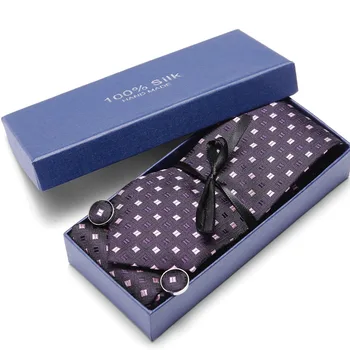 

Men`s Tie Pink Plaid Silk Jacquard Woven Necktie Hanky Cufflinks Sets For Formal Wedding Business Party gift box pack Tie men