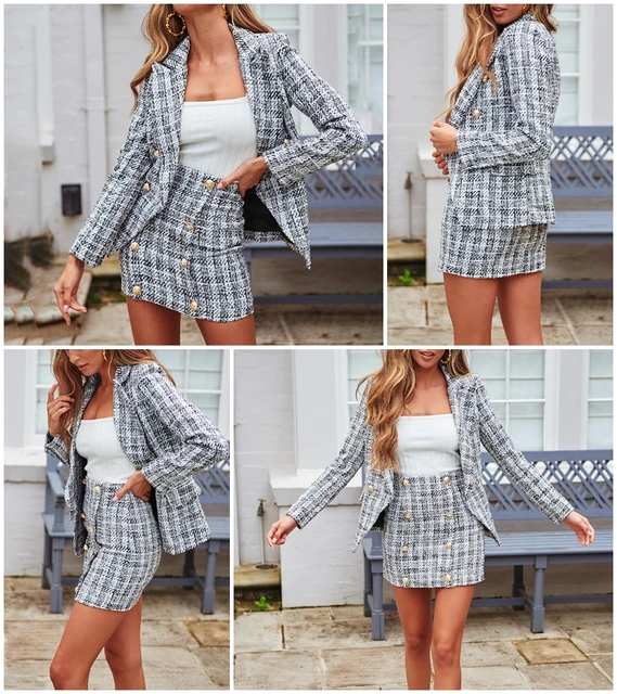 BeAvant Two-piece set plaid tweed women suit Casual streetwear blazer suits female blazer sets Office ladies blazer tops 2019 -
