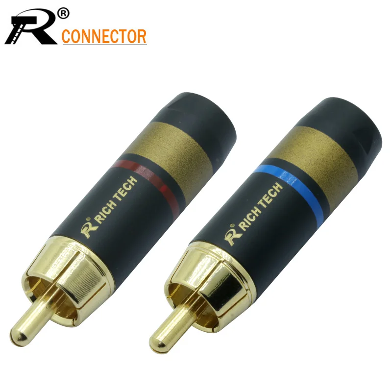 

2pcs/1pair RECH TECH RCA Plug Copper RCA male Connector gold plating audio adapter blue&red pigtail speaker plug for 6.7MM Cable