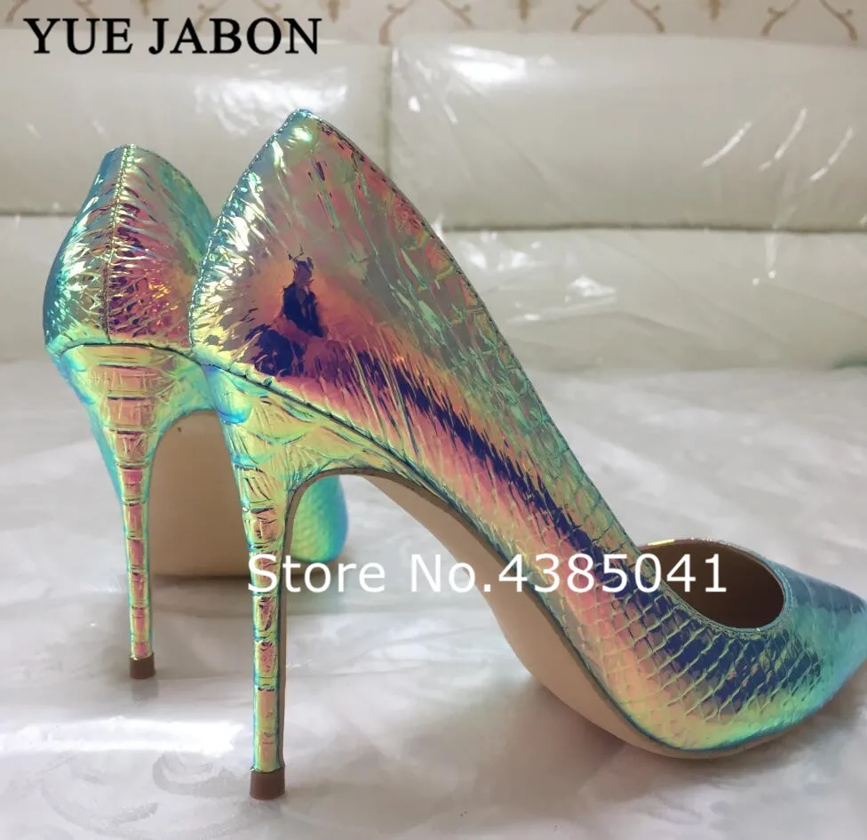 

YUE JABON Colorful 12cm/10cm/8cm Snake pointed toe party sexy shoes woman big size 43 women high heel wedding shoes pumps