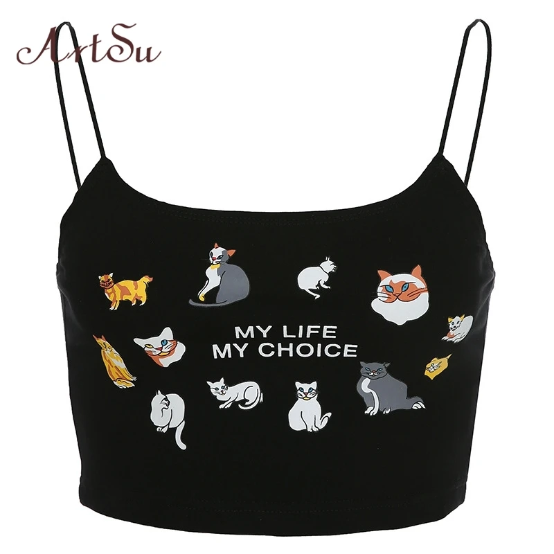 

ArtSu Cartoon Printed Spaghetti Strap Top Sleeveless Backless Cute Crop Top Women Streetwear Cami Tops Black Summer ASVE20689