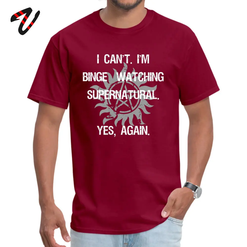 Supernatural Binge Watching Cotton T-shirts for Men Short Sleeve Tees Fashionable Thanksgiving Day Crew Neck Tee-Shirts Casual Supernatural Binge Watching -15715 maroon