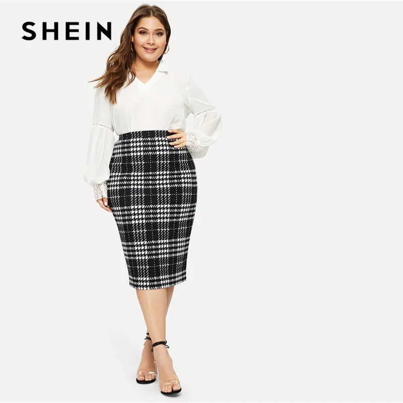 SHEIN черная однотонная женская элегантная юбка-карандаш большого размера, весна-осень, Офисная Женская рабочая одежда, эластичная облегающая юбка до колен