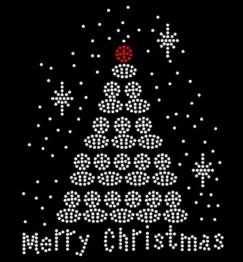 Free shipping Merry Christmas White Tree Rhinestone Transfer Iron on