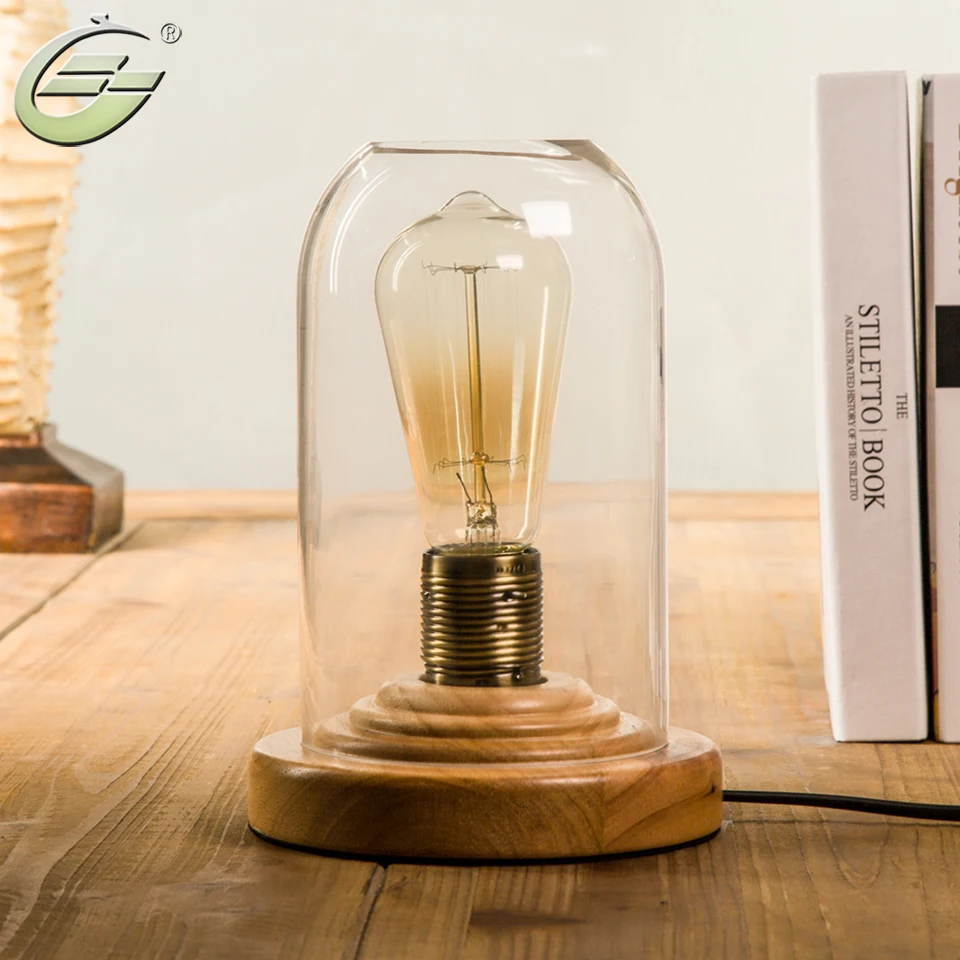YUENSLIGHTING Лофт винтажная промышленная стеклянная деревянная настольная лампа