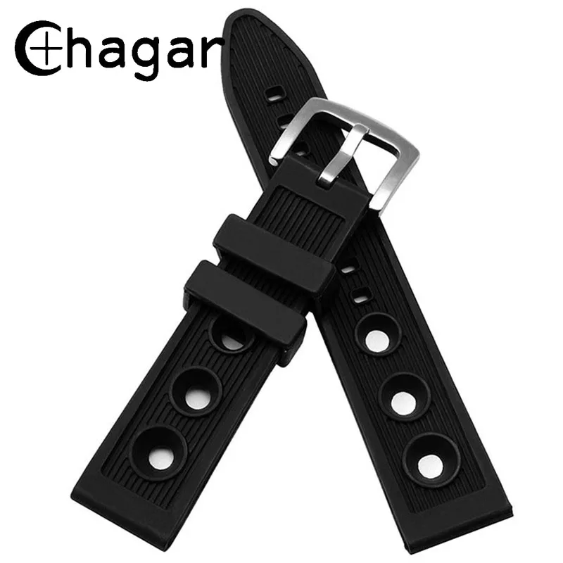 22mm Waterproof Diving Rubber Holes sports Watch Band Strap Silicone
