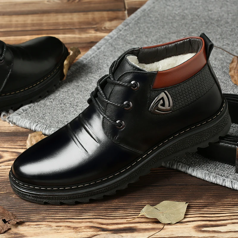

OSCO Brand Winter Men Boots Leather Shoes Fashion Warm Working Plush Ankle Boots Casual Lace Up Flats Male Snow Boots