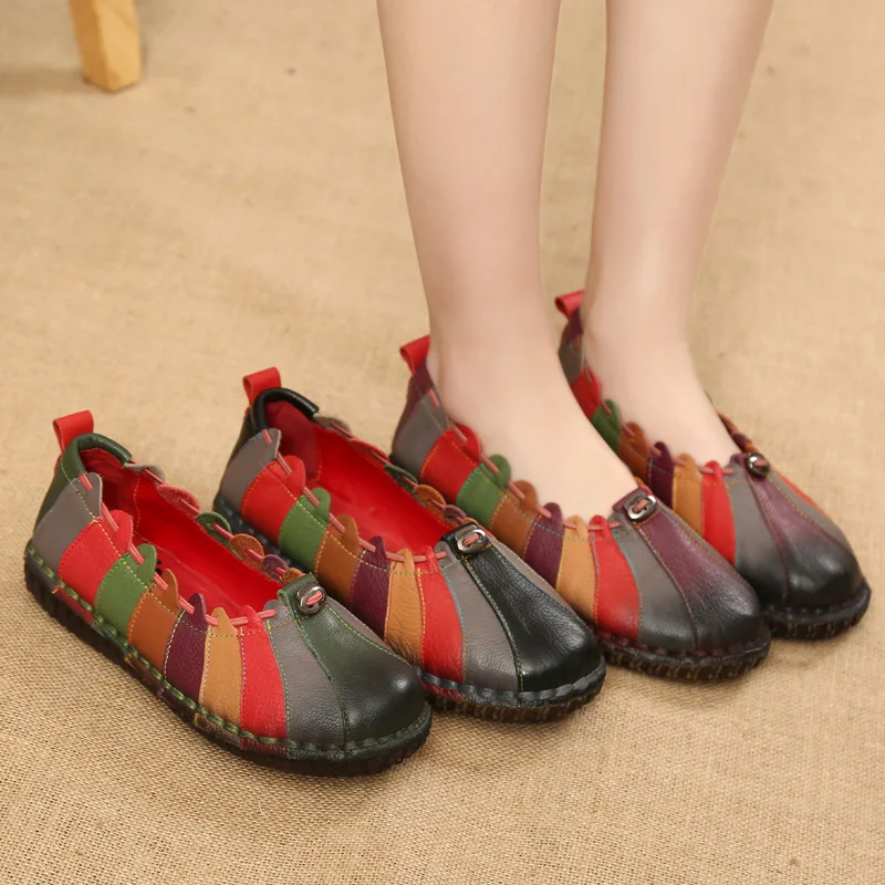De Caoutchouc Véritable 2 Mère Dongnanfeng Peau purple Femmes Porc Pu 35 Appartements Casual 40 Slip Cuir Yd green Mocassins Vache Vintage En Sur Chaussures Black Patchwork xx6UwX