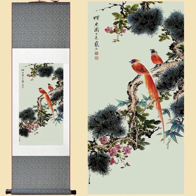 Silk chinese watercolor flower & birds Double Luck ink original art feng shui canvas wall damask