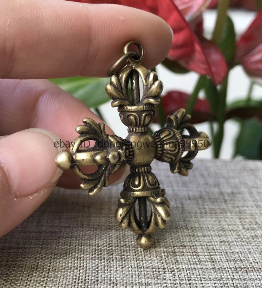 Китайский бронзовый медь 4 лепестка Dorje Vajra pestle exorcise evil Amulet кулон A02|Статуи и