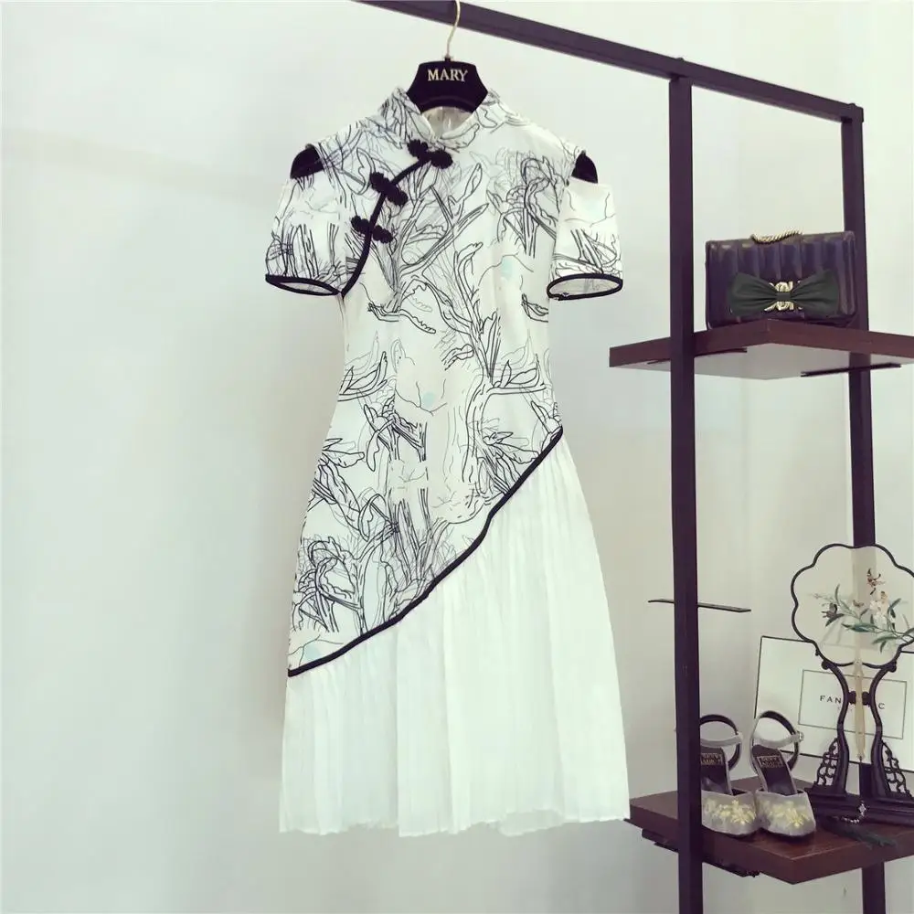 

2019 Summer Chinese Cheongsam Design Women Short Sleeves Sexy Shoulder Dress Female Beautiful Party Dresses A1437