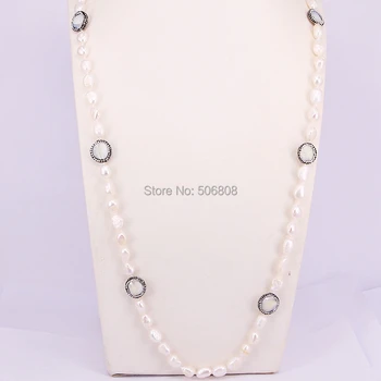 

3 Strands ZYZ179-1188 Handmade Knotted freshwater pearl necklace pave crystal shell spacer beads long chain necklace 89 -90cm