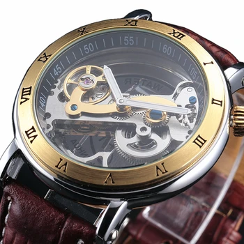 

Classic Golden Bridge Design Watches Men Luxury Brand Leather Strap Automatic Mechanical Watch Vintage Jelly Sided Skeleton Dial