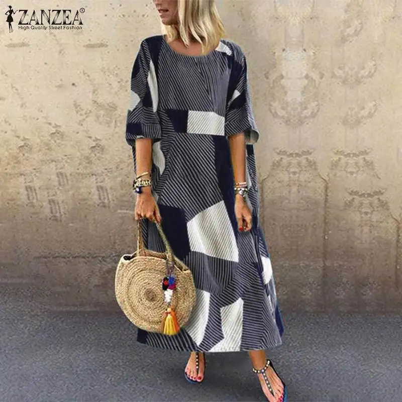 ZANZEA винтажное женское длинное Макси платье с геометрическим принтом Платья с круглым вырезом 3/4 рукавом карманы Vestidos плюс размер Сарафан-туника